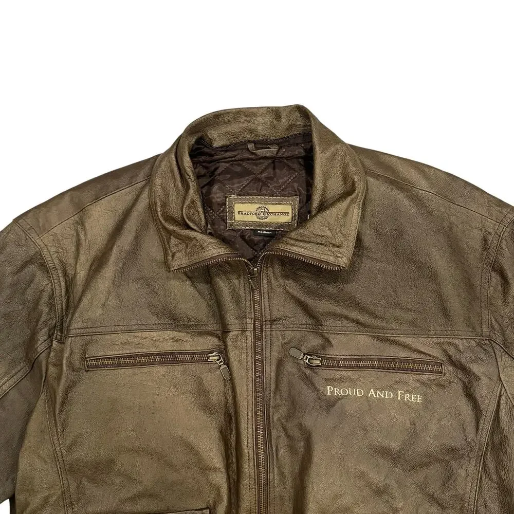 Bradford Exchange Leather Bomber Eagle Flag Embroidery Removable Collar M